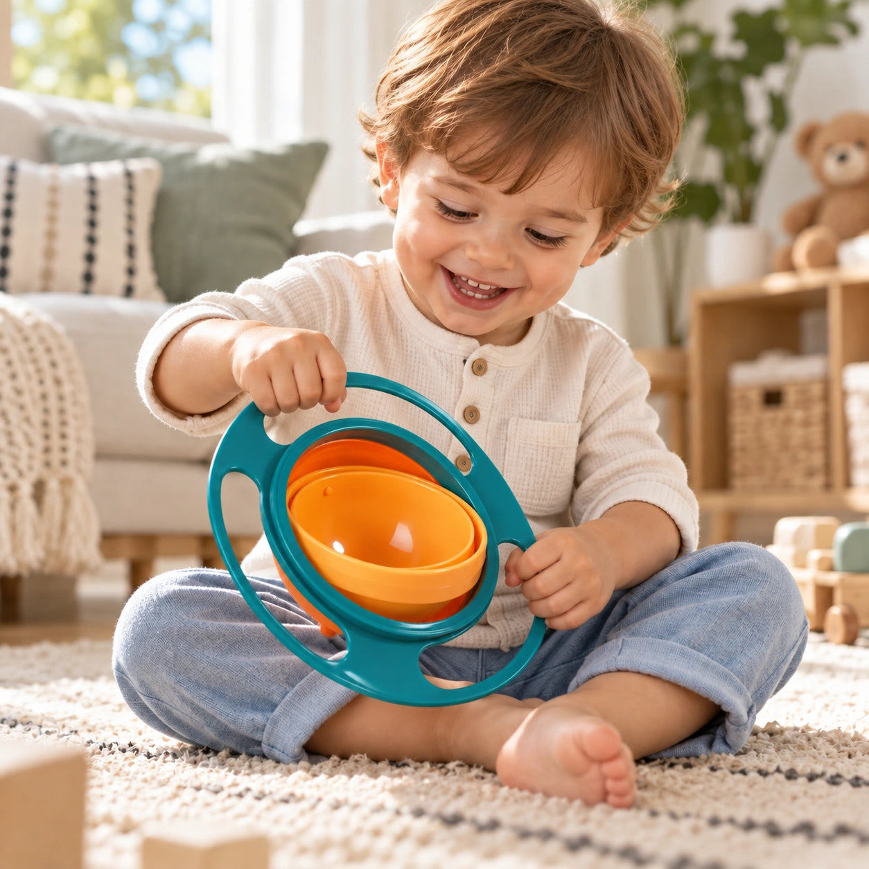 Child holding the BabyOala green and orange gyro bowl at home
